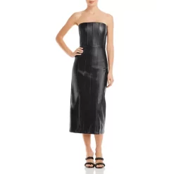 New ✔️ En Saison Strapless Vegan Leather Midi 👗 Dress Black 🔥