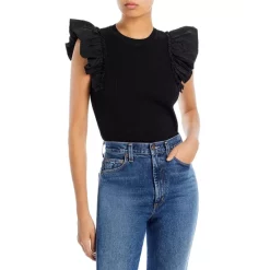 Buy 🔔 Lucy Paris Ribbed Knit Flutter Sleeve Top White 🎉