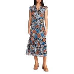 Promo 🤩 STEVE MADDEN Orange Blossom Print Midi 👗 Dress Blue 🔔