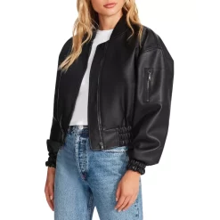 New 😍 STEVE MADDEN Parker Faux Leather Bomber Jacket Black 😀