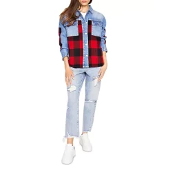 Outlet 🧨 Blue Revival Denim & Plaid 👚 Shirt Jacket Red Plaid ⌛