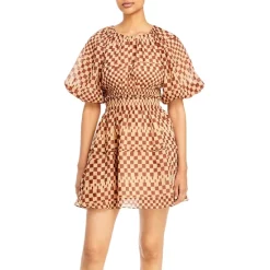 Discount 💯 Moon River Plaid Puff Sleeve Mini 👗 Dress Tan ✔️