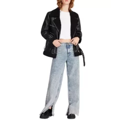 Best Pirce ⌛ STEVE MADDEN Quinn Sherpa Lined Faux Leather Moto Jacket Black 🎉