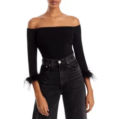 Deals ✔️ Lucy Paris Joyce Off-the-Shoulder Feather Cuff Top Black 💯